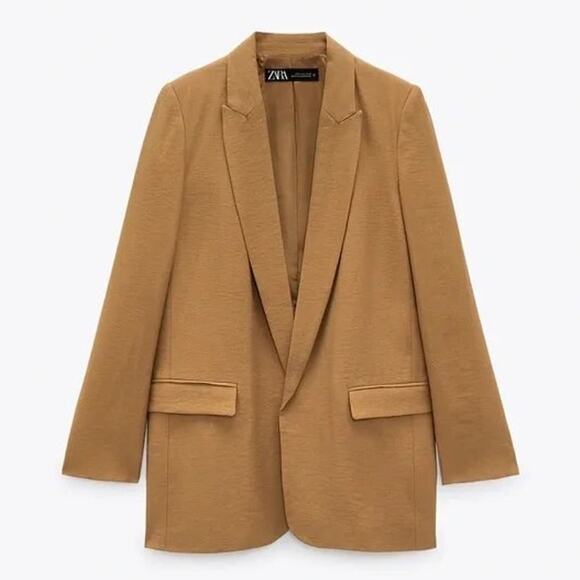 Zara Open Front Blazer Jacket Overcoat in Toffe Camel Oversized Shoulder Pads - Picture 7 of 7